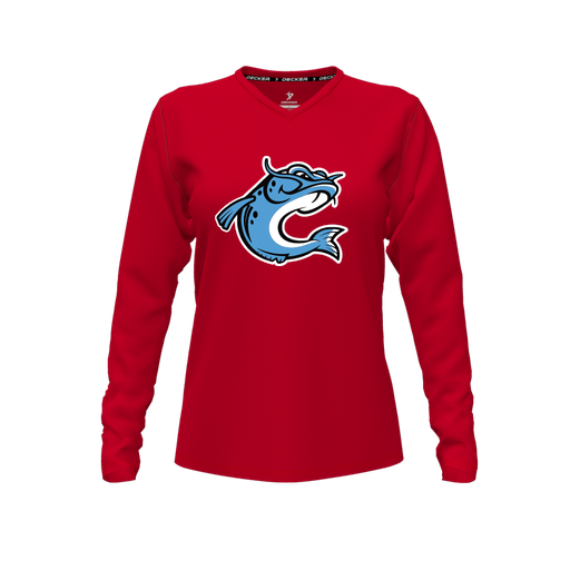 [FTLVCFRD-FYXS-LOGO2] Decker Comfort T-Shirt (Female Youth XS, Red, V Neck, Logo 2, Long Sleeve)